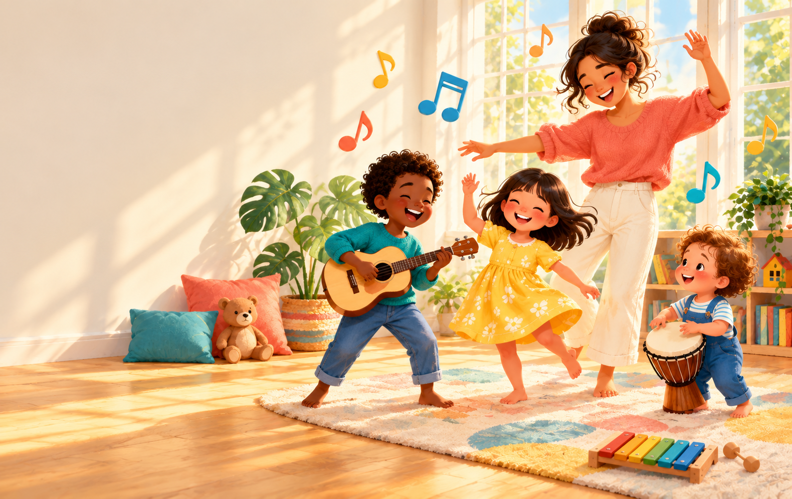 Una familia bailando y tocando música en casa